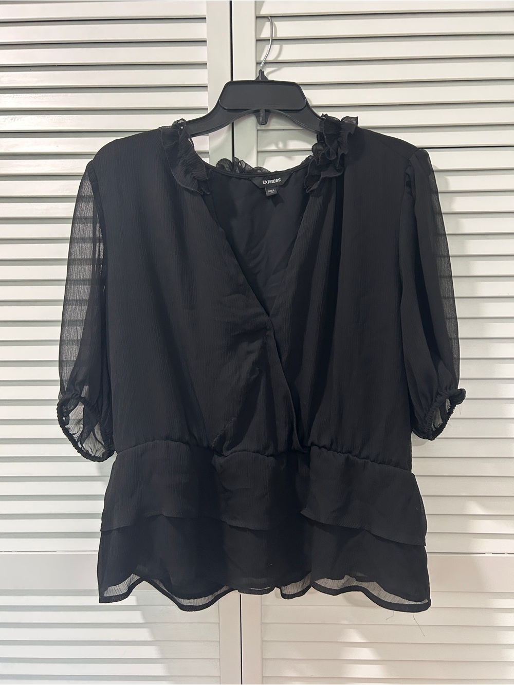 Express Black Sheer-Sleeve Surplice Peplum Blouse